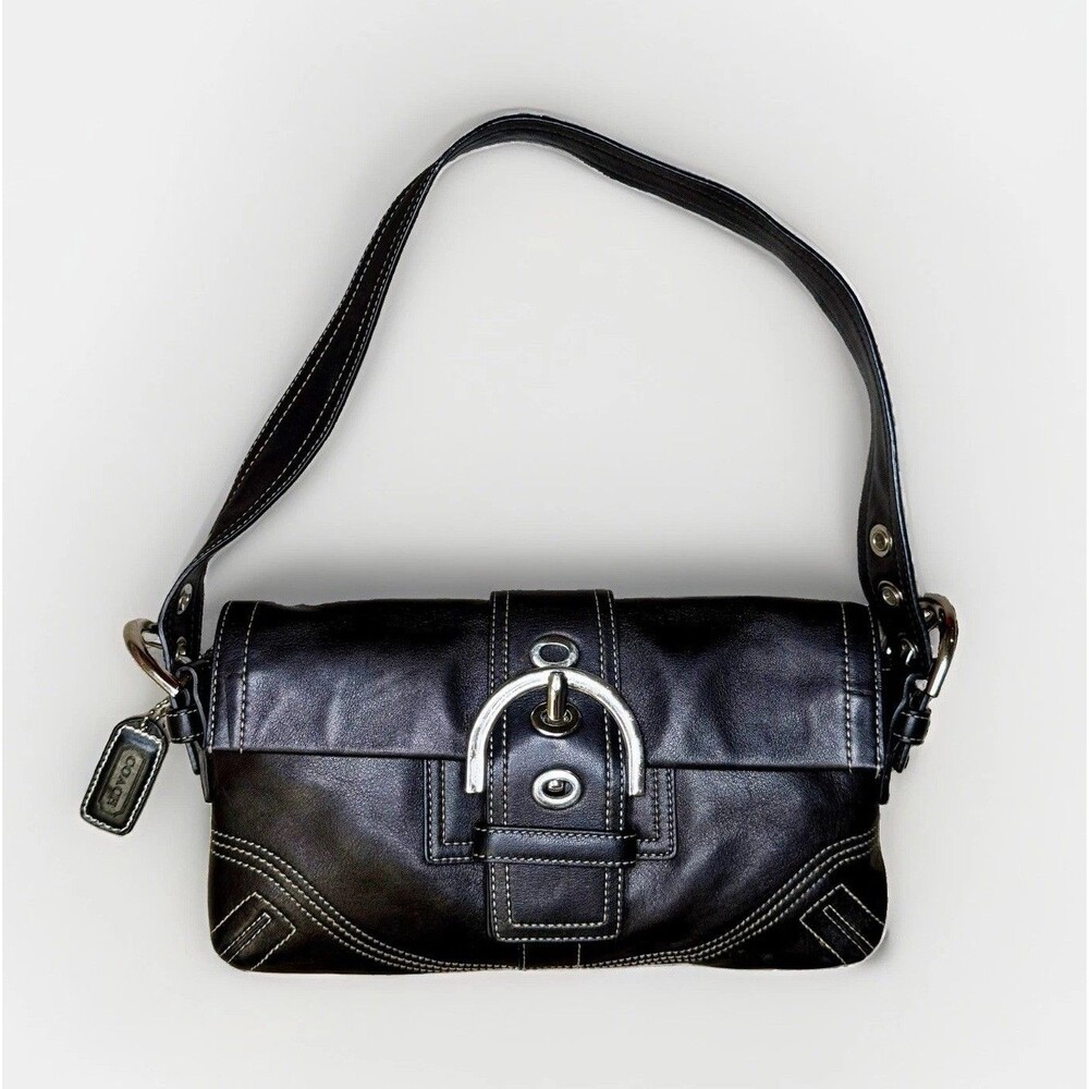 Coach Y2K Soho Black Leather Large Buckle Flap Shoulder Bag Hobo 8A05 Vintage